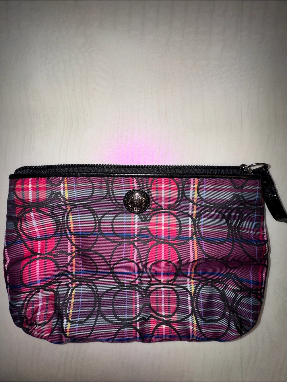 Coach Pink Plaid Signature Coin Cosmetic Pouch